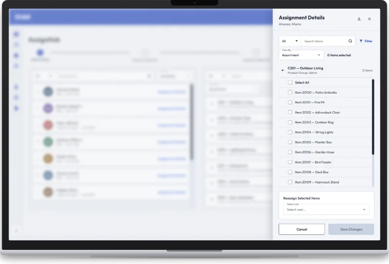 Assign Hub Assignment Details drawer for one person: searchable, filterable item list with checkboxes and Select All, a Reassign Selected Items user picker, and a Save Changes button that stays disabled until items and a user are chosen