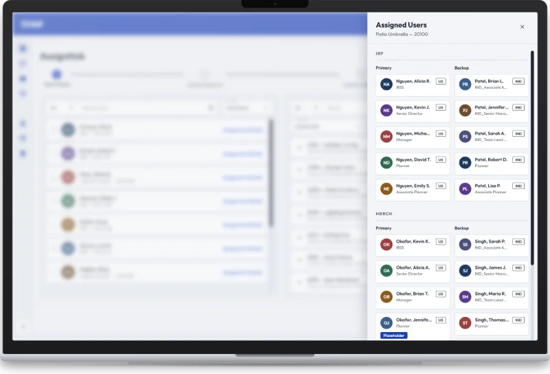 Assign Hub Assigned Users drawer for one item: owners grouped into two team sections, each with Primary and Backup columns of people cards showing name, role and location