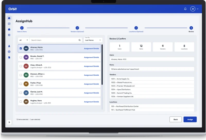 Assign Hub Review & Confirm step: summary counts for users, items, vendors and locations, the full list of each selection, and Back and Assign buttons