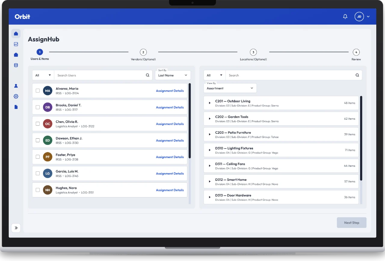 Assign Hub redesign, step 1 of a four-step assignment flow: a searchable list of users on the left and a product hierarchy browsable by assortment on the right, with a stepper for Users & Items, Vendors, Locations and Review