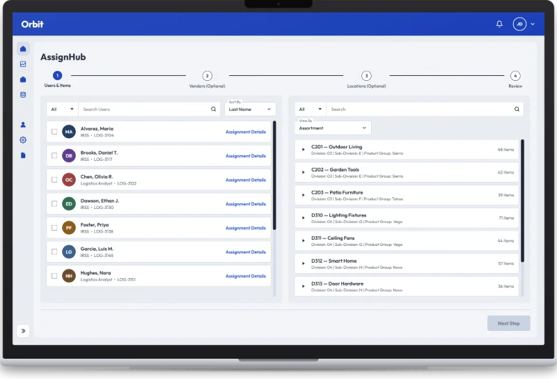 Assign Hub landing page: a searchable list of people on the left, the product hierarchy on the right, and a four-step guided flow across the top