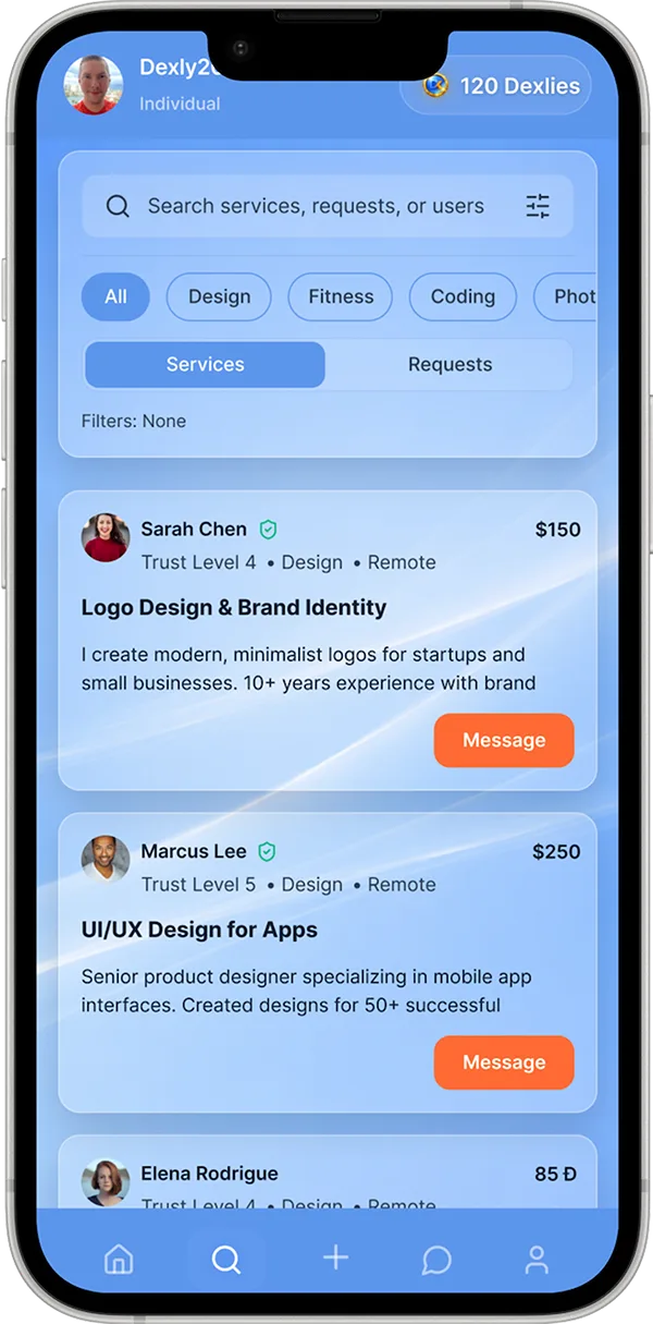 Dexly explore screen — search with category filters and service listings showing trust levels and prices in dollars or Dexlies