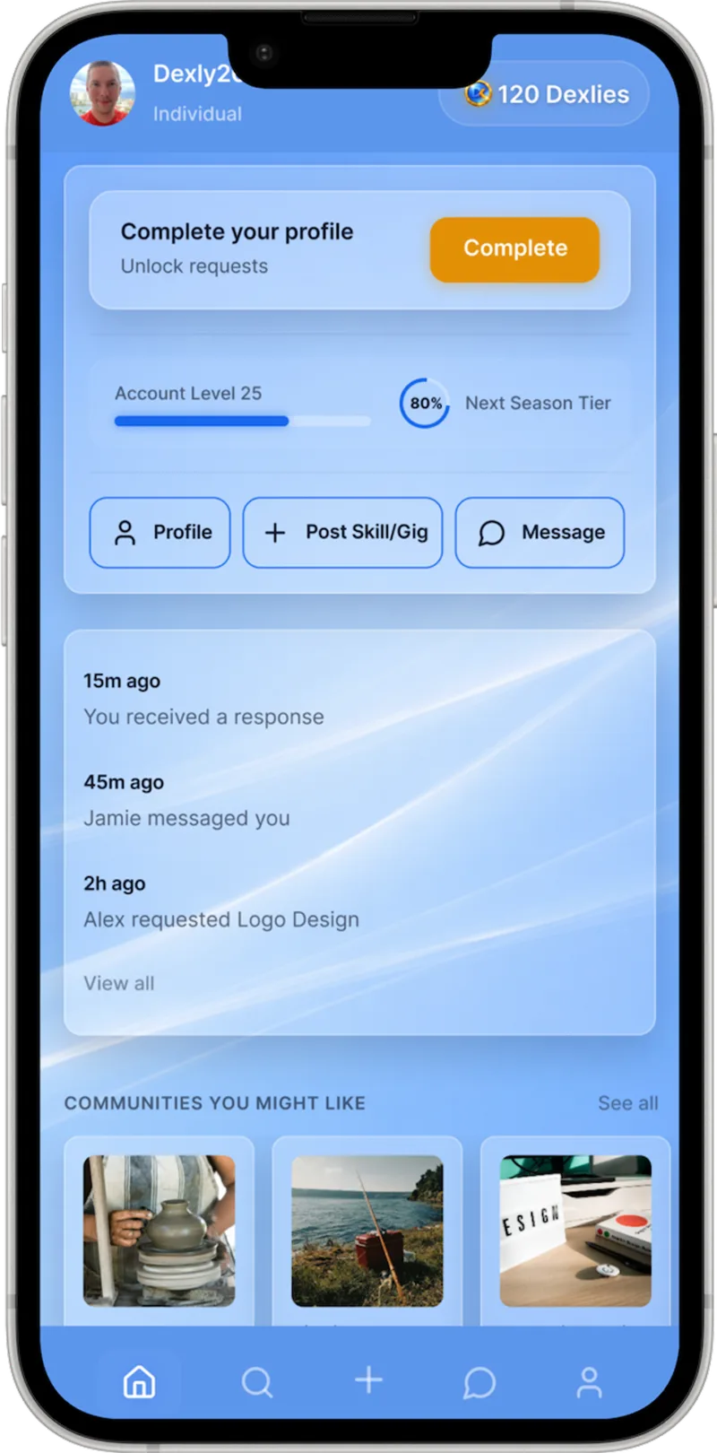 Dexly homepage — profile completion card, Account Level 25 progress toward the next season tier, quick actions, and recent activity