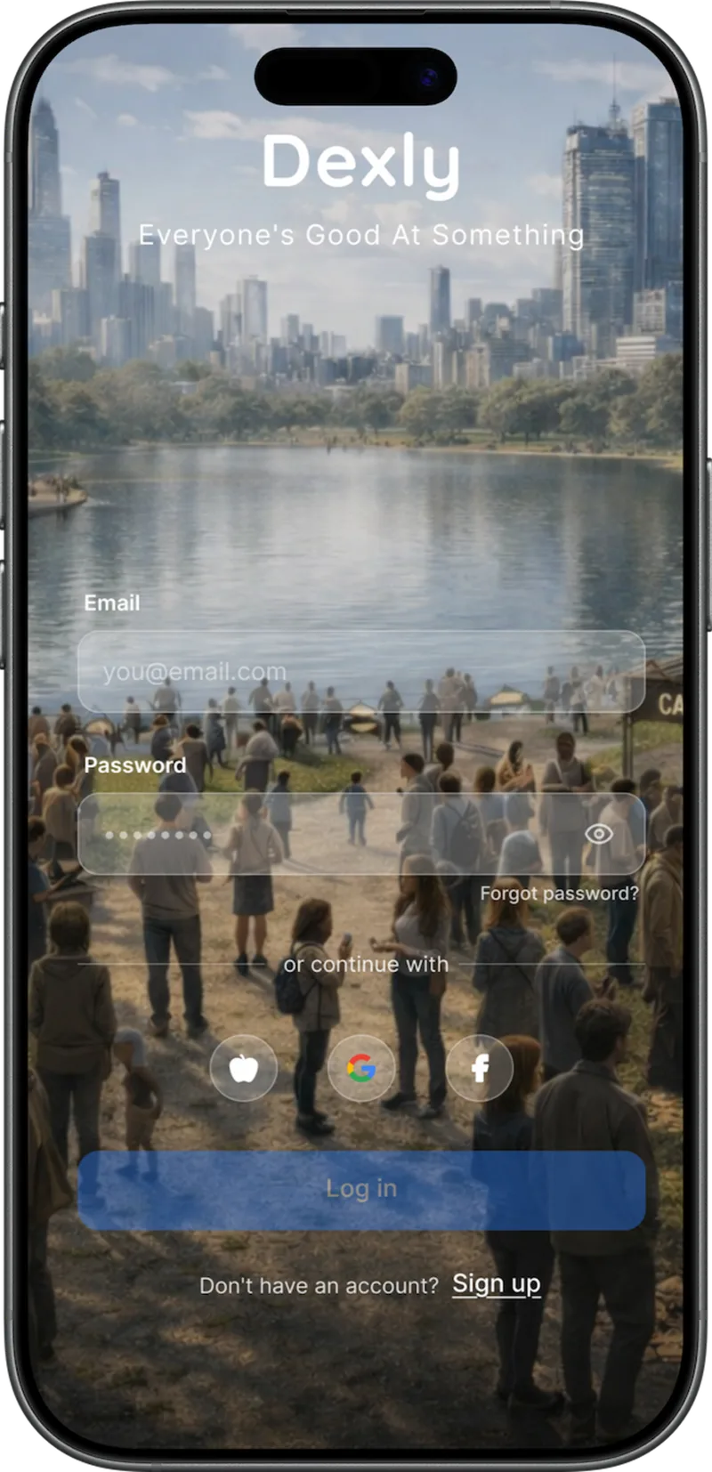 Dexly login screen — frosted-glass sign-in form over a city park scene, with the tagline 'Everyone's Good At Something'