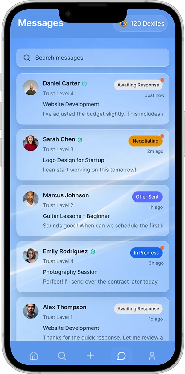 Dexly messages screen — conversation list with negotiation status badges like Negotiating, Offer Sent, and In Progress